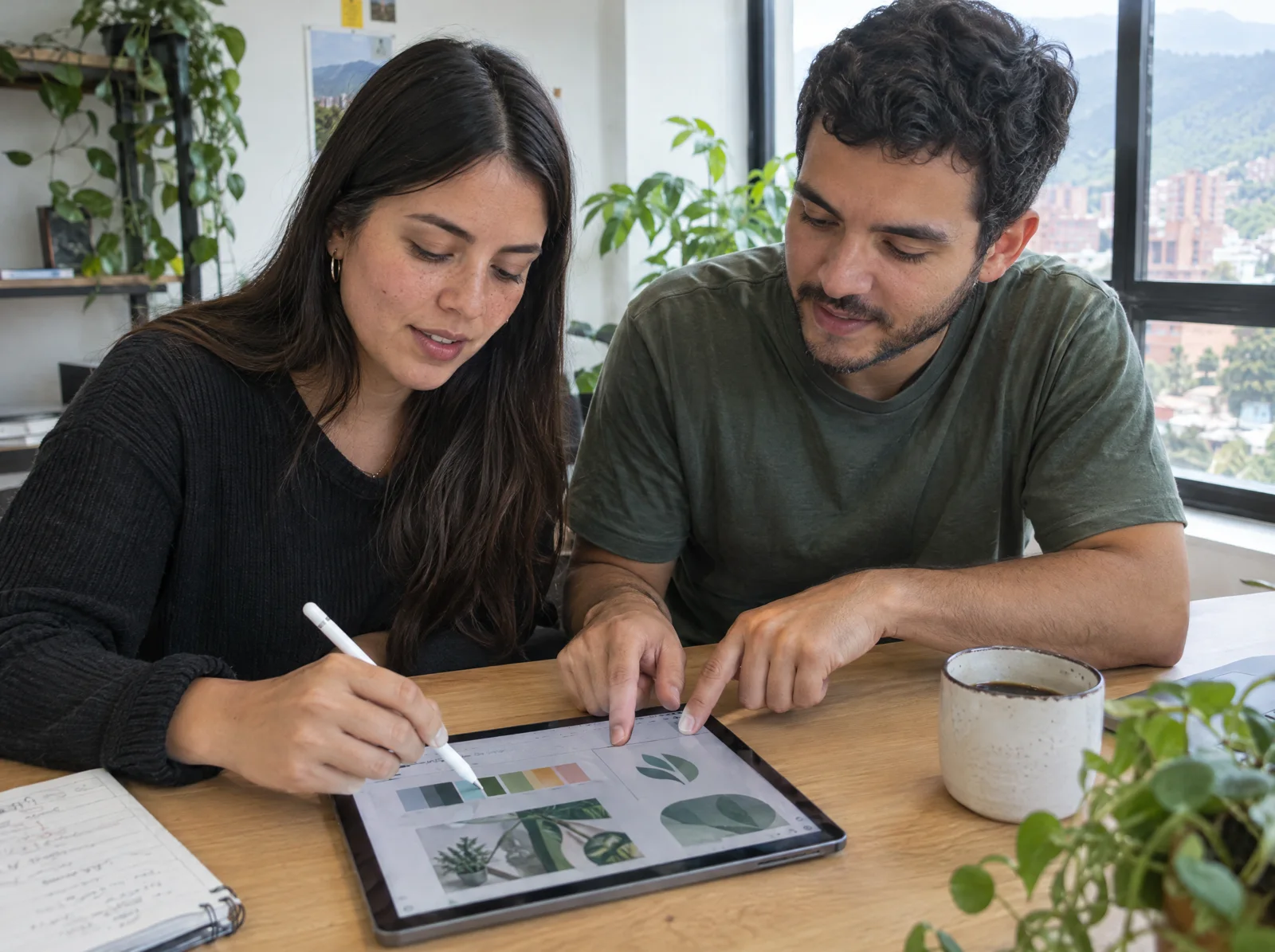 Dos personas revisando la paleta de colores de una marca en una tableta